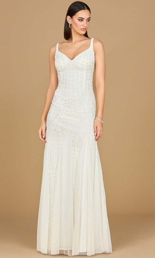 Lara Dresses 51217 - V-Neck Beaded Long Gown with Godet Accent