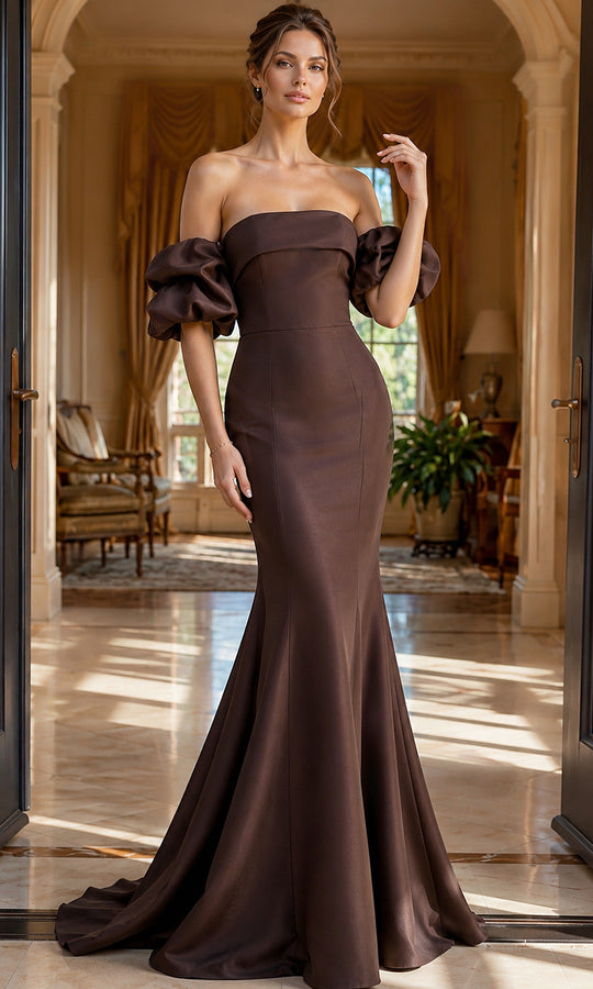 Jovani 51577 - Puff Sleeve Satin Flared Evening Gown