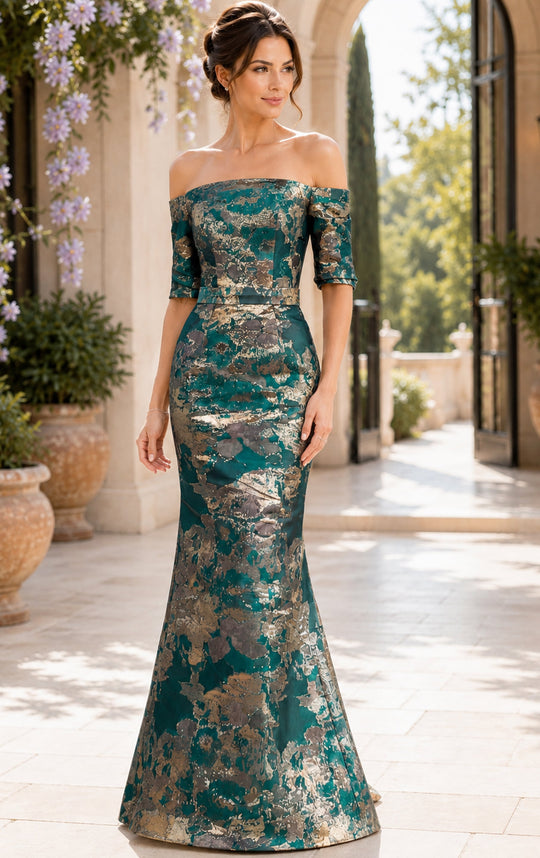 Jovani 51599 - Metallic Jacquard Short Sleeve Mermaid Gown
