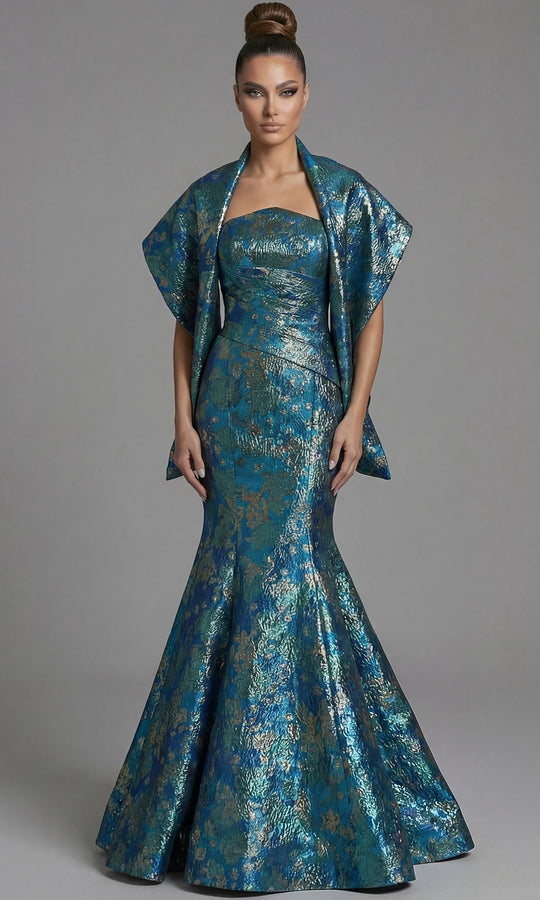 Jovani 51634 - Metallic Floral Strapless Gown with Shawl