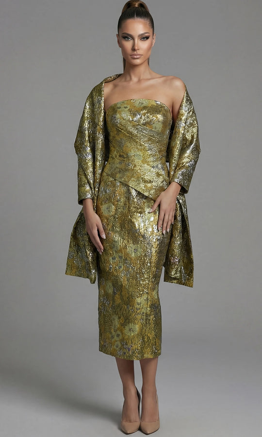 Jovani 51636 - Strapless Metallic Midi Dress with Shawl