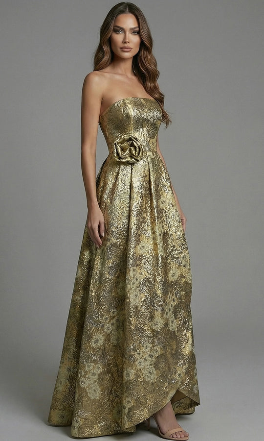 Jovani 51692 - Metallic Floral A-Line Gown with Rosette Accent