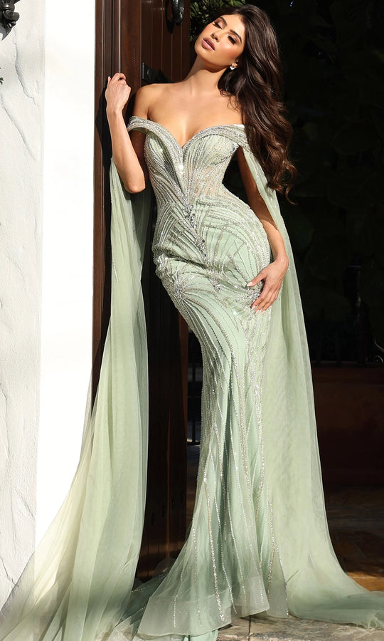 Jovani 52207 Beaded Off Shoulder Cape Dress