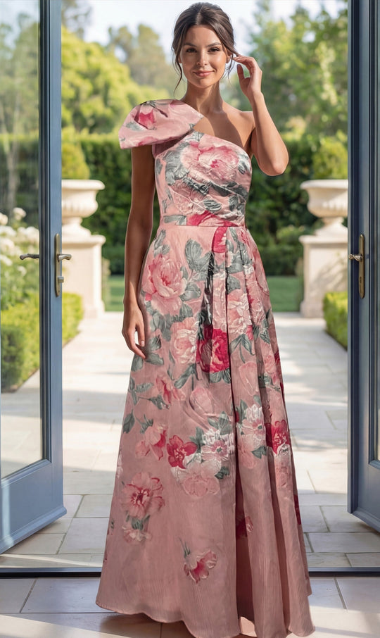 Jovani 52377 - Floral Brocade Bow Shoulder Evening Gown
