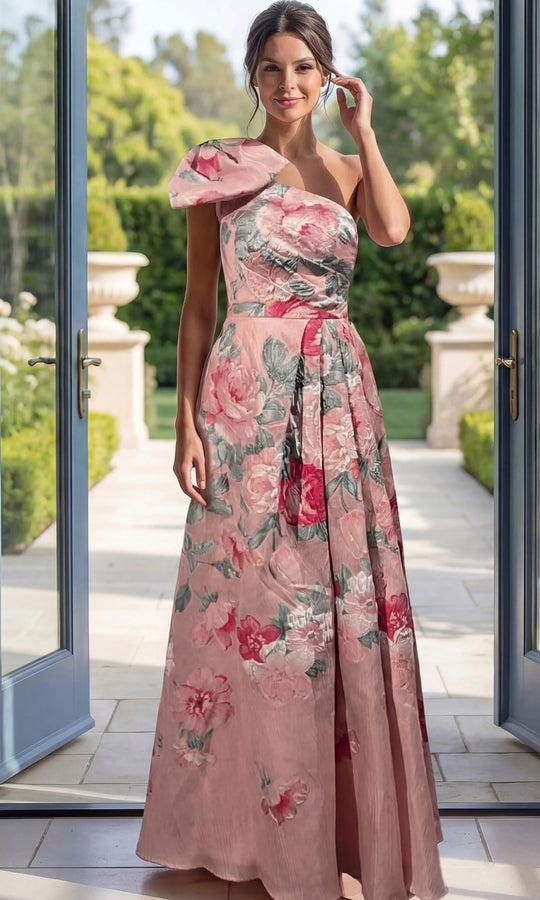 Jovani 52377 - Floral Brocade Bow Shoulder Evening Gown