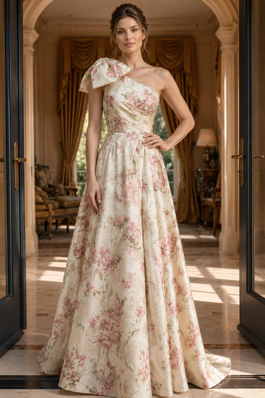Jovani 52378 - One Shoulder Floral Chiffon Gown