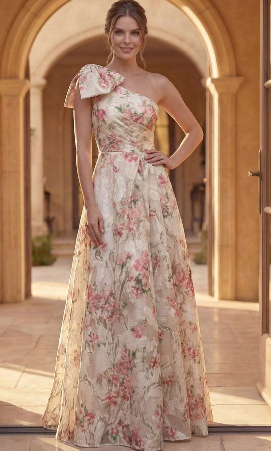 Jovani 52378 - One Shoulder Floral Chiffon Gown