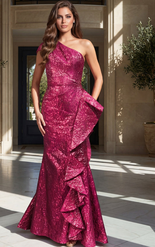 Jovani 52736 - Asymmetric Ruffle High Slit Evening Gown