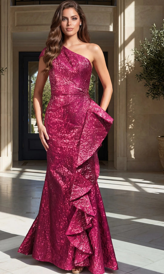 Jovani 52736 - Asymmetric Ruffle High Slit Evening Gown