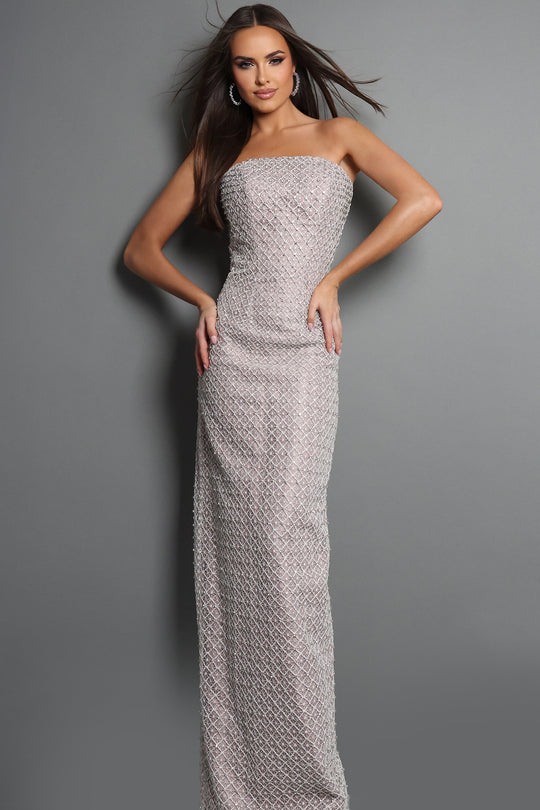 Jovani 53288 - Geometric Beaded Mesh Column Evening Gown