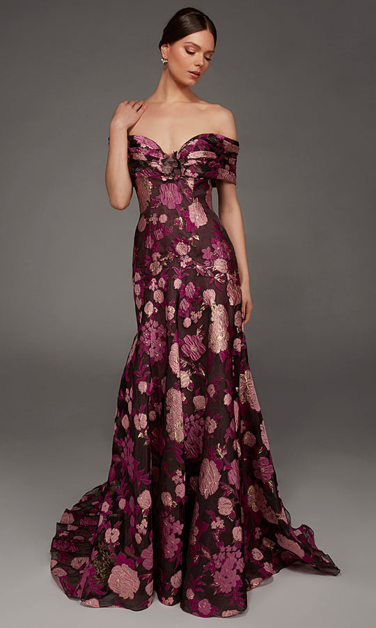 Alyce Paris 55005 - Folded Off Shoulder Floral Pattern Evening Gown