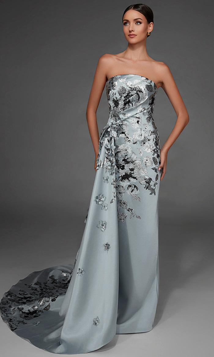 fitted jacquard dress Strapless High-Low Fitted Metallic Jacquard Gown