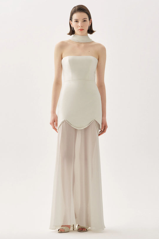 Tarik Ediz 55049 - Strapless Pearl Trim Taffeta Chiffon Gown