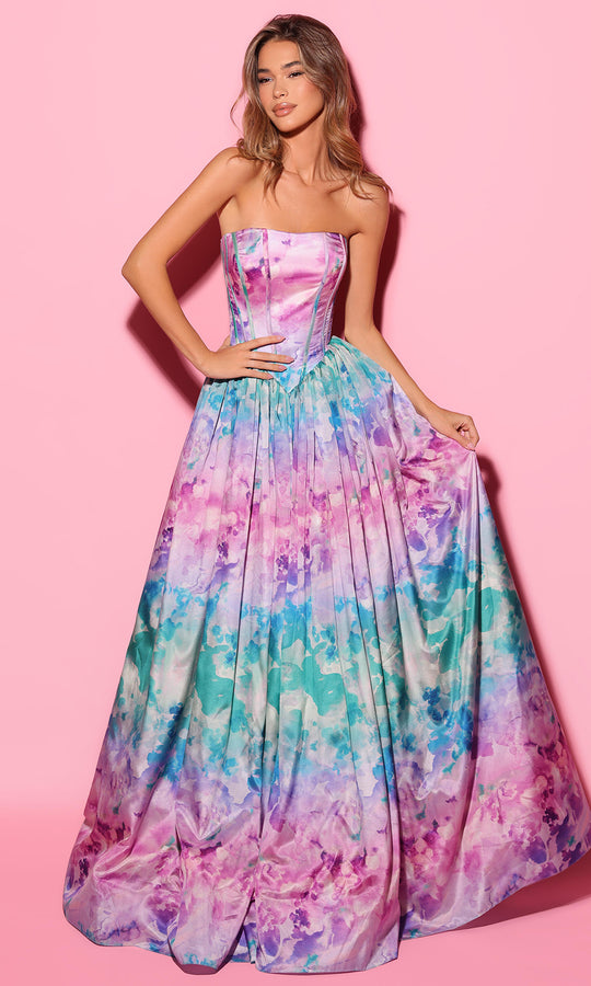 Tarik Ediz 55111 - Watercolor Print Strapless Ballgown Dress