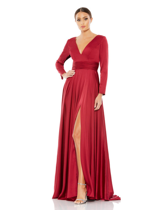 Ieena Duggal - 55245I Long Sleeve Plunging V-Neck High Slit Gown