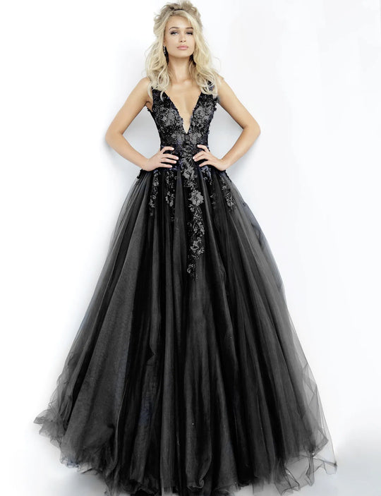 Jovani 55634 Sheer Floral Appliques Junior Prom V-Neck Ballgown
