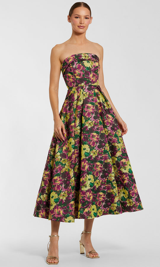 Mac Duggal 56165 - Floral Brocade Pleated Tea-Length Dress