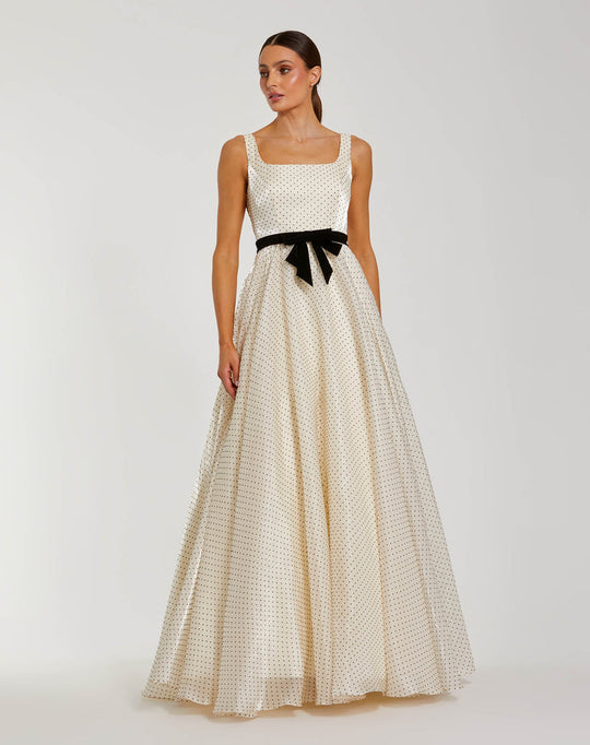 Ieena Duggal 56185 - Polka Dot Velvet Bow A-Line Evening Dress In White
