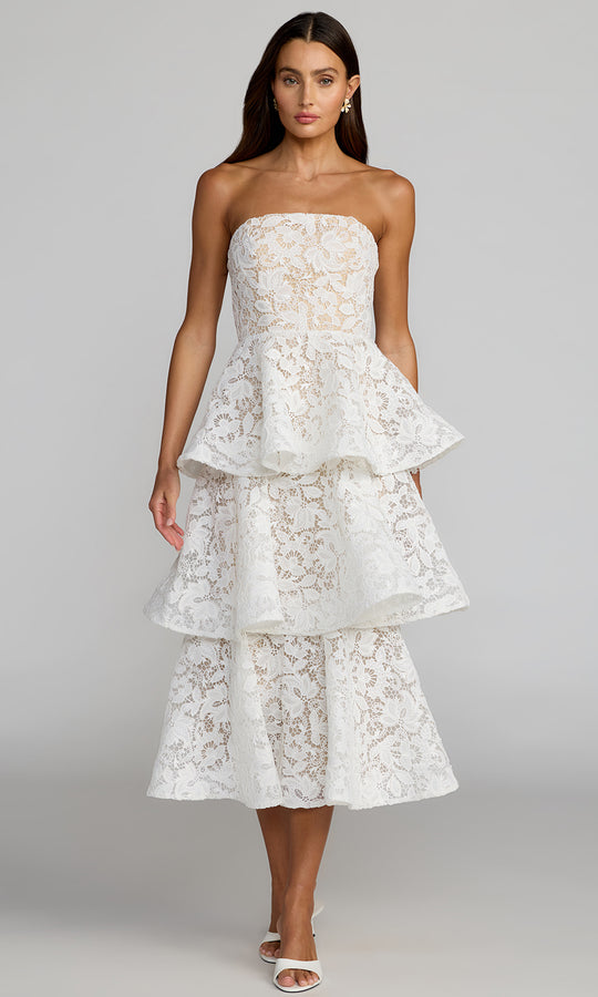 Mac Duggal 56419 - Tiered Ruffle Floral Lace Midi Dress
