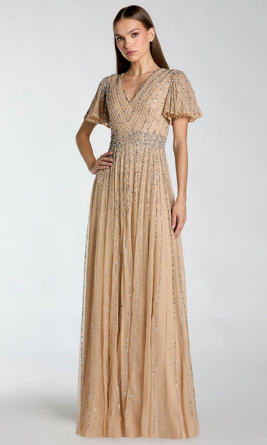 Mac Duggal 5713 - Flutter Sleeve Beaded Mesh Evening Gown