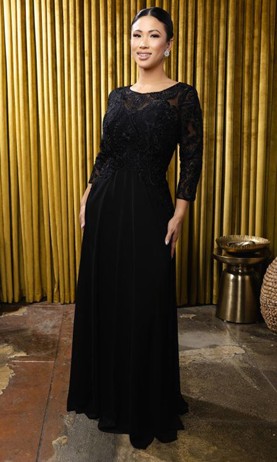 May Queen MQ2210 - Three-Quarter Sleeve Embroidered Formal Gown