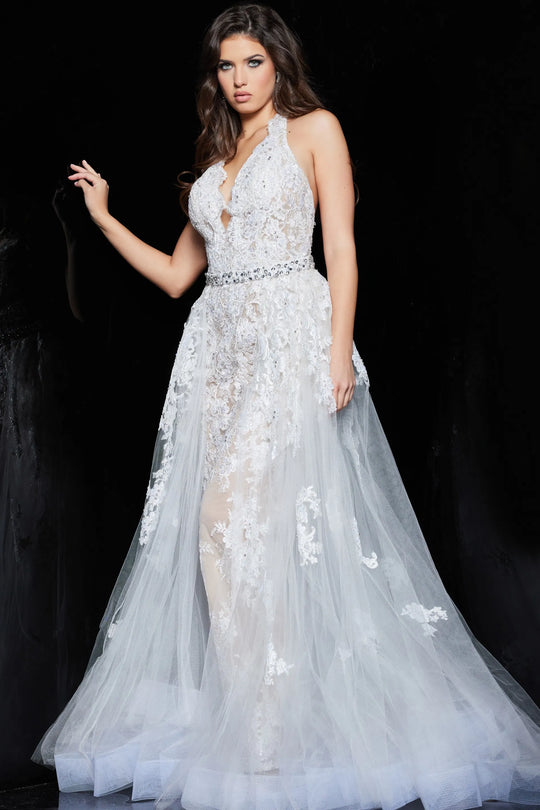 Jovani - 60124 Embellished Lace Halter V-neck Jumpsuit With Overskirt