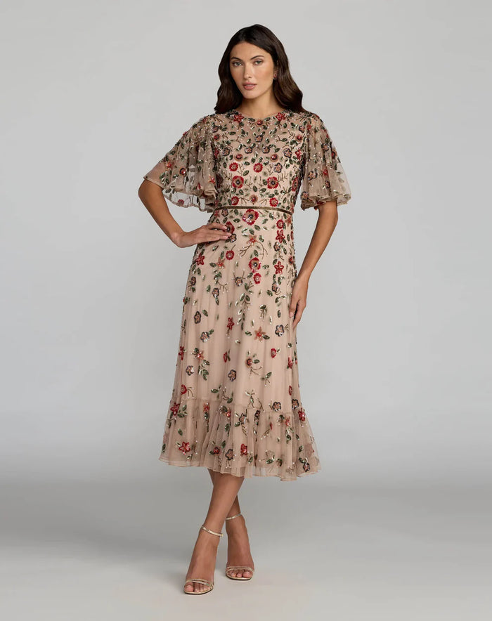 mac duggal midi dresses Mac Duggal Petite Boucle Short Sleeve A Line Midi Dress
