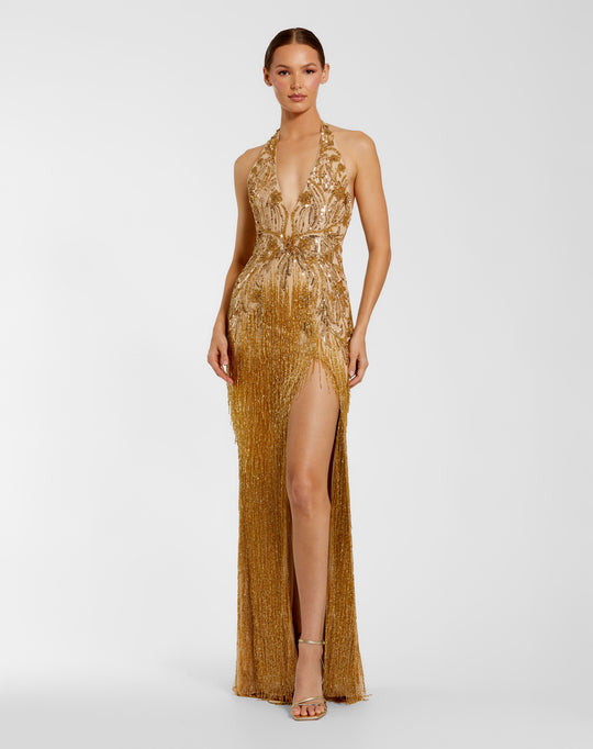 Mac Duggal 6170 - Beaded Fringe Halter Evening Gown