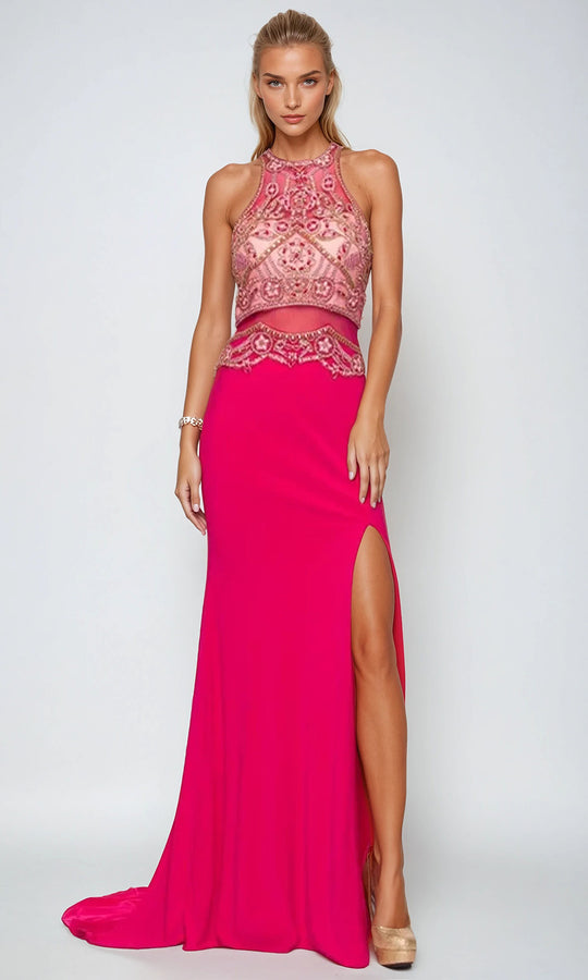 Juliet Dresses 617 - Beaded Illusion Bodice Halter Gown