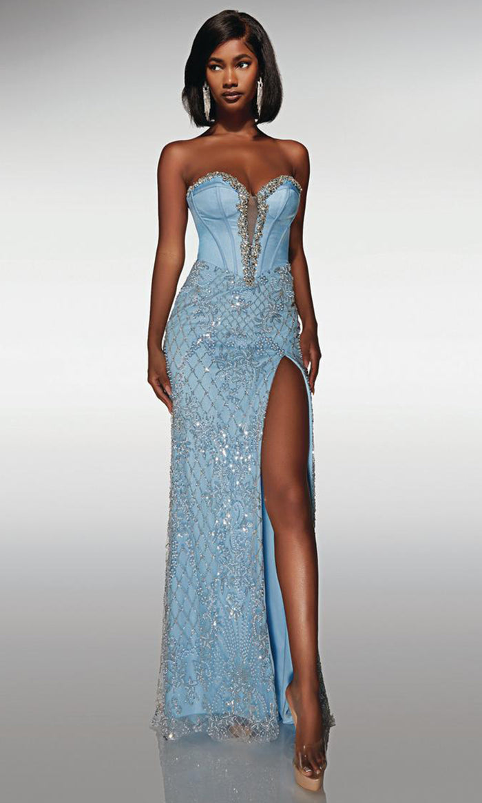 Alyce Paris 62031 - Long Beaded Fabric Sheath Dress - Strapless corset bodice, exposed structured boning, embellished beadwork, high slit skirt, Alyce Paris 62031 - Long Beaded Fabric Sheath Dress - Strapless corset bodice, exposed structured boning, embellished beadwork, high slit skirt,