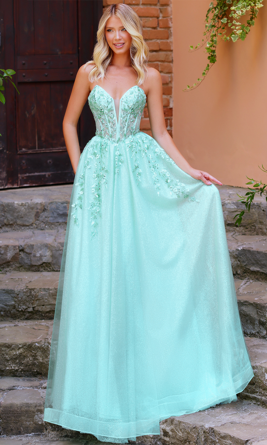 Clarisse 62102 - Beaded Lace Plunging Neckline Ballgown