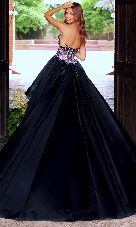 Clarisse 62110 - High Low Liquid Satin Gown with Floral Bodice