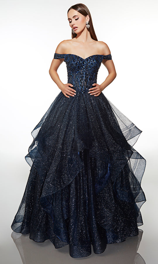 Alyce Paris 62173 - Tiered Glitter Ball Gown with Corset Bodice