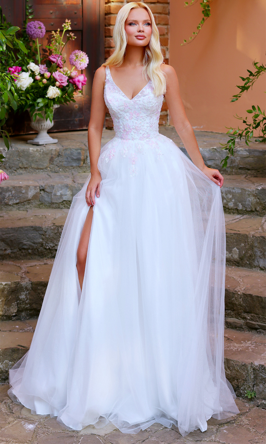 Clarisse 62314 - Floral Applique A-Line Gown with Slit