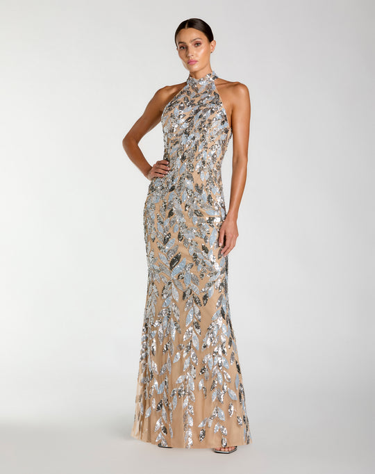 Mac Duggal 6252 - Leaf Sequin Halter Column Prom Gown