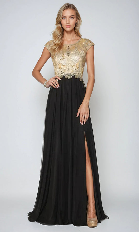 Juliet Dresses 636 - Embellished A-line Gown with Cap Sleeves