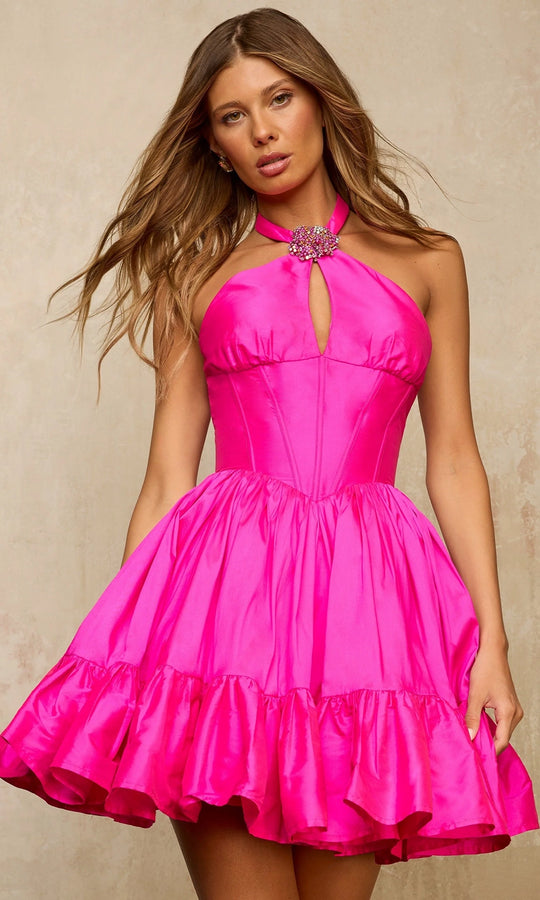 Sherri Hill 67062 - Halter A-Line Cocktail Dress with Rosette Brooch