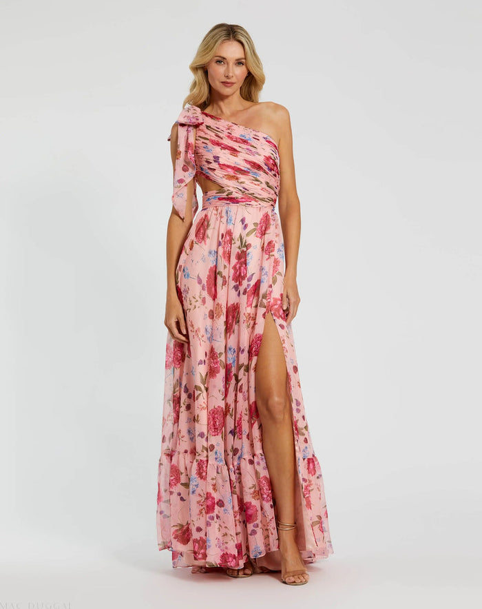 Mac Duggal One-Shoulder Floral Chiffon Gown - Green Mac Duggal One-Shoulder Floral Chiffon Gown - Green