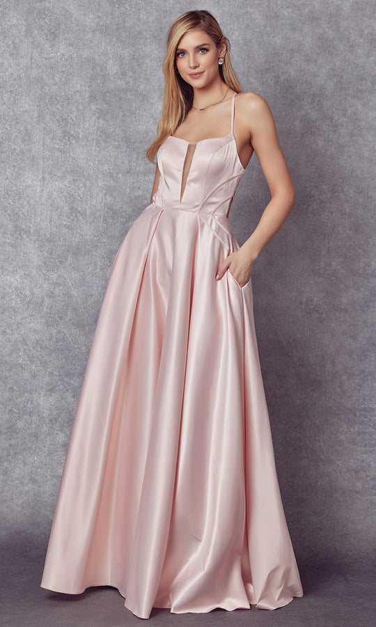 Juliet Dresses 687 - Strappy Back Shiny Satin Evening Gown