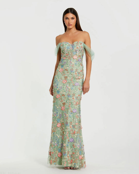 Ieena Duggal 68809 - Off Shoulder Floral Embroidered Dress