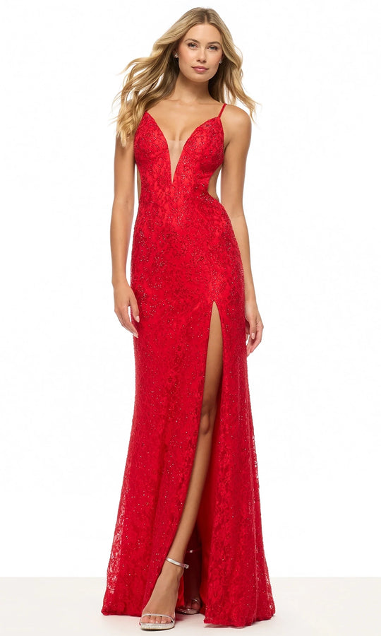Sherri Hill 57744 - Plunging Lace Fitted Dress with Slit