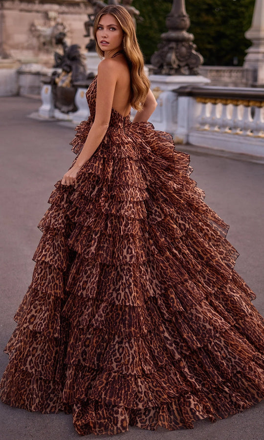 Sherri Hill 57488 - Cheetah Print Ruffled Backless Gown