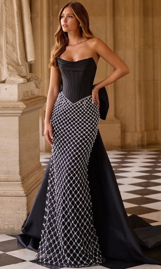 Sherri Hill 57671 - Cowl Neckline Beaded Lattice Gown with Overskirt