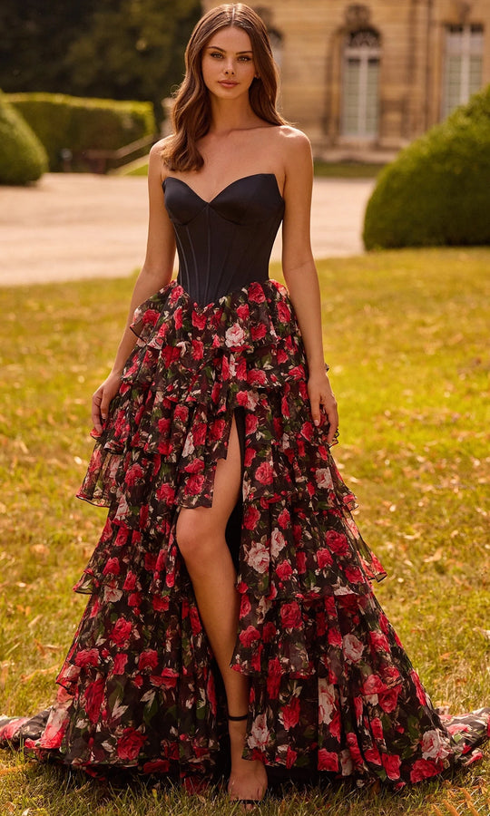 Sherri Hill 57722 - Floral Chiffon Ruffled Gown with Slit