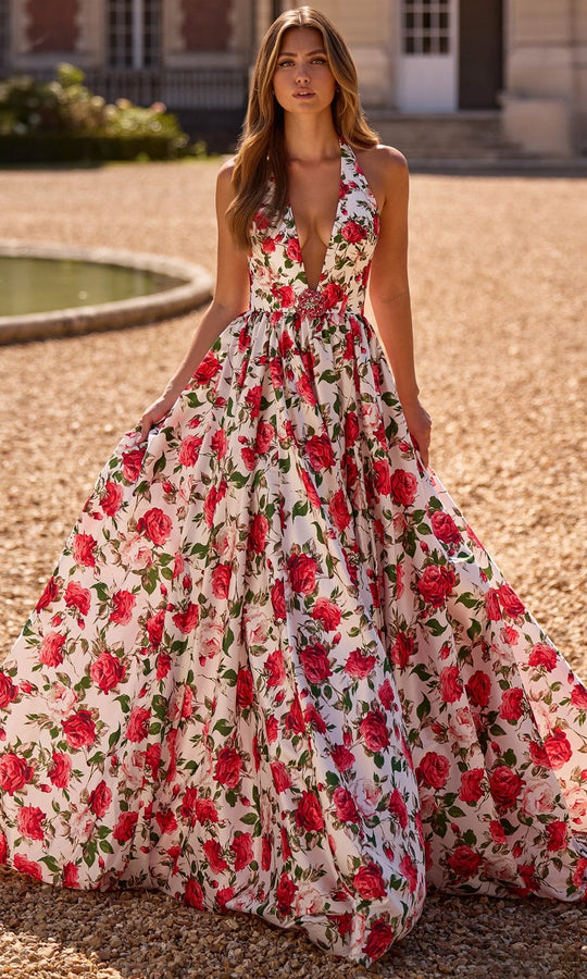 Sherri Hill 57726 - Floral Detail Halter Plunging Ballgown