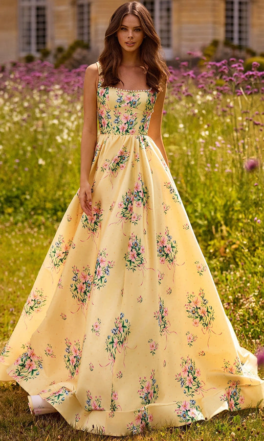 Sherri Hill 57783 - Floral Square Neck Evening Dress with Pearl Accent