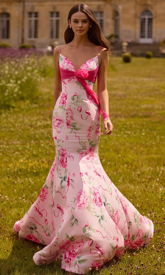 Sherri Hill 57834 - Floral Mermaid Dress with Chiffon Bow