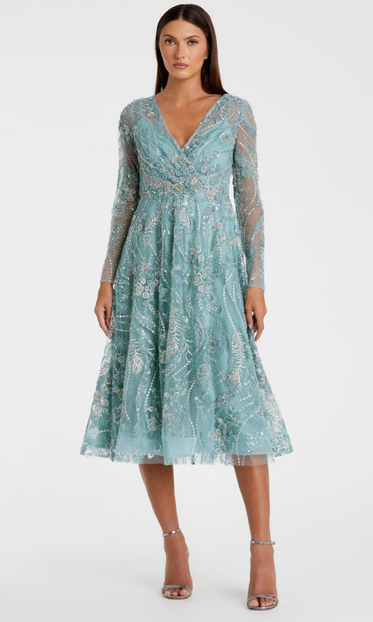 Mac Duggal 68915 - Long Sleeve Embroidered Tea-Length Dress