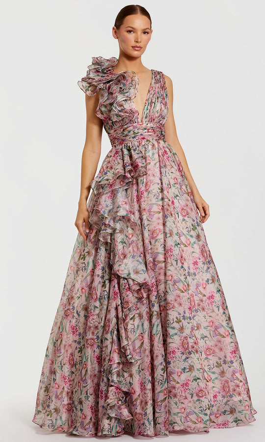 Mac Duggal 68947 - Plunging V-Neck Floral Ruffle Gown