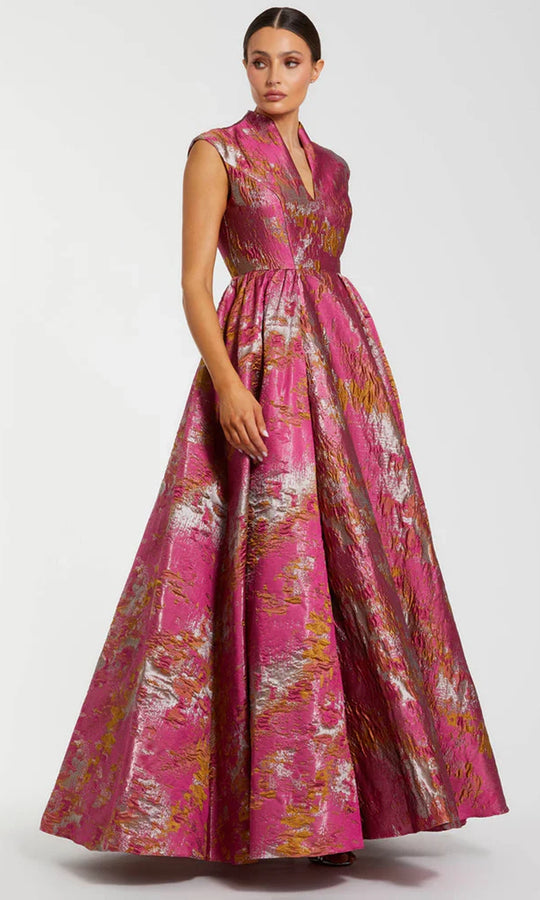 Mac Duggal 68956 - Metallic Brocade Mandarin Collar V-Neck Gown